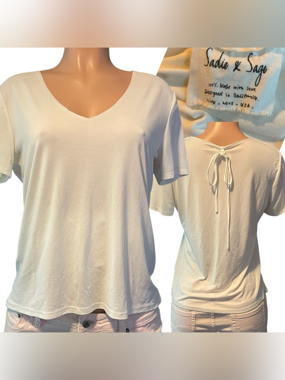 Sadie & Sage White Tie Back Short Sleeve Tee Boho Minimalist